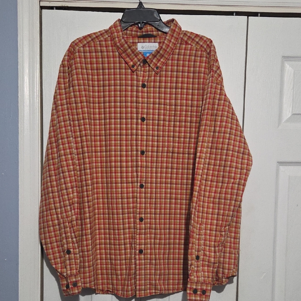 Columbia Men's Orange and Yellow Plaid Shirt Size 2xl